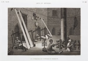 Bomull och silke, Weaving Weavers workshop, Egypten, ca 1798 av Unbekannt