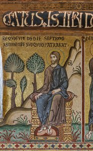 Cykel av mosaiker i Gamla testamentet, skapelsecykeln: "Skaparens vila på den sjunde dagen", XII-talet, Palatinska kapellet, Kungliga palatset eller Palazzo dei Normanni (Normandernas palats), Palermo, Sicilien, Italien ( Foto) av Unbekannter Künstler