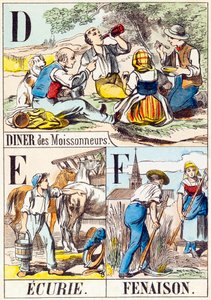 D E F: Diner des Moissonneurs, Ecurie, Fenaison - "Alfabetet på gården" slutet av 1800-talet (gravyr) av Unbekannt