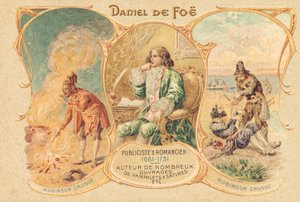 Daniel Defoe vid sitt skrivbord och hans berömda verk (tryck) av Unbekannter Künstler
