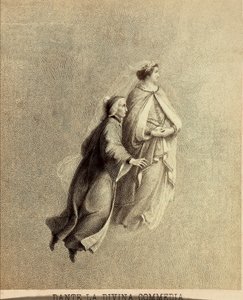 Dante och Beatrice flyger genom paradisets firmament. Illustration av Canto I i Paradiso i Den gudomliga komedin av Dante Alighieri. Franceso Scaramuzzas verk tillägnat Florens kommun. av Unbekannter Künstler