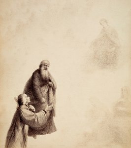 Dante, assisterad av Sankt Bernhard, ser Beatrice sitta på en tron bland de välsignade, i en gloria av ljus. Illustration av Canto XXXI i Paradiso i Den gudomliga komedin av Dante Alighieri. Francesco Scaramuzzas verk tillägnat Florens kommun. av Unbekannter Künstler