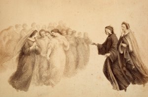 Dante tillsammans med Beatrice och de välsignade andarna. Illustration av Canto XXXIII i Paradiso i Den gudomliga komedin av Dante Alighieri. Francesco Scaramuzzas verk tillägnat Florens kommun. av Unbekannter Künstler