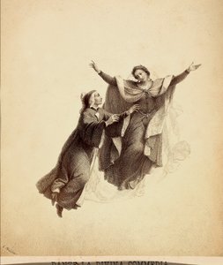 Dante, med öppna armar, leds i flykten av Beatrice genom Paradisets firmament. Illustration av Canto I i Paradiso i Den gudomliga komedin av Dante Alighieri. Verk av Franceso Scaramuzza tillägnat Florens kommun. av Unbekannter Künstler