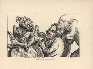 Tandläkare skrattar när han med hjälp av en tång drar ut en dålig tand ur munnen på en gammal kvinna. Kopparstick efter en satirisk illustration av Timothy Bobbin (John Collier) (1708-1786) från Human Passions Delineated, John Haywood, Manchester av Unbekannter Künstler