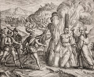 Beskrivning av de brott som de spanska kolonisterna tillfogade indianerna - Conquistadorer som bränner på bål en indier som vägrade att konvertera till den katolska tron. Franciskanerordens religiösa (gravyr) ""Narratio regionum indicarum per Hispano av Unbekannt