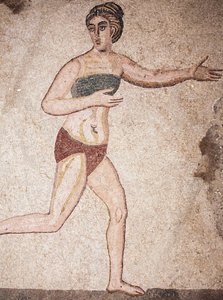 Detalj av de tio jungfrurnas kammare eller mosaiken av "Bikiniflickorna". Löpning. 3:e - 4:e århundradet. Romersk villa i Casale, Sicilien. UNESCO plats. av Unbekannt