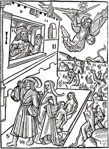 Djävlar förföljs av ärkeängeln Saint Michael, medan människor fortsätter sina aktiviteter