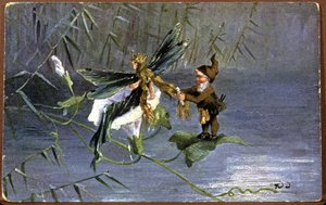 Dvärg som flätar en älva, tidigt 1900-tal (vykort) av Unbekannter Künstler
