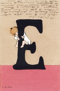 E för kram, kyss - Barnalfabetet. C.M.-redaktör, Paris. Handmålade vykort, frankerade 1904. Mått: 14 x 9 cm av Unbekannt