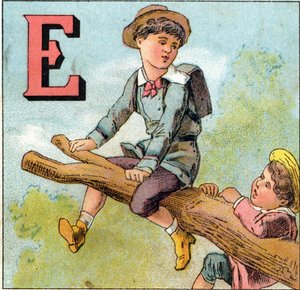 E bokstäver: pojke i balans på en trädgren. Gravyr i "Alphabet des petits ecoliers". Avbildning av Epinal, cirka 1885. Privee Collection av Unbekannt