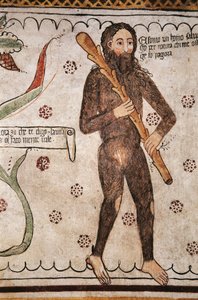 Ego sonto un homo salvadego per natura, chi me ofende ge fo pagura (jag är vild man av naturen, de som förolämpar mig kommer jag att sätta skräck), fresk, Homo Salvadego museum, Sacco, Cosio Valtellino, Lombardiet, Italien av Benjamin Baud