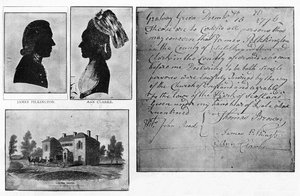 Faksimil av ett Gretna Green Marriage Certificate med porträtt av paret, James Pilkington och Ann Clarke, gifte sig den 16 december av Unbekannt
