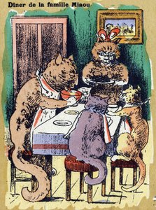 Familjemiddag mjau. Illustrerat alfabet. Bilder återförenades i Jarville-Nancy, början av 1900-talet. Mått: 40 x 29 cm. Litografi på en bistre bakgrund av Unbekannt