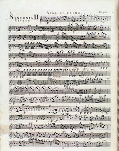 Första sidan av partitur för violin i symfoni nr 2 av J Haydn av Unbekannter Künstler
