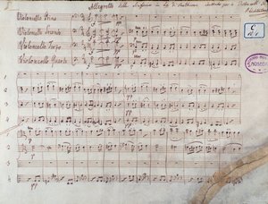 Första sidan av partituren för fyra cellos av Symphony n. 7 sv A-dur, op. 92, av Ludwig van Beethoven av Unbekannter Künstler