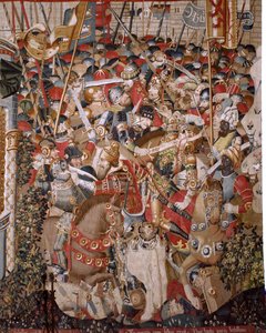 flamländsk gobeläng. Serien Det trojanska kriget. Akilles död (Muerte de Aquiles). Åttonde gobeläng i serien. Modell Coëtivy Master (Henry eller Conrard de Vulcop). Tillverkar Tournai-verkstäder. Ca 1470. Tyg Ull och siden, 6/7 varp per cm. Storlek 482 x 9 av Unbekannt
