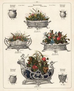 Blomsterställ, blomfat, vaser och jardinieres. Litografi från en katalog över metallprodukter som tillverkas av Wuerttemberg Metalware Factory, Geislingen, Tyskland av Unbekannter Künstler