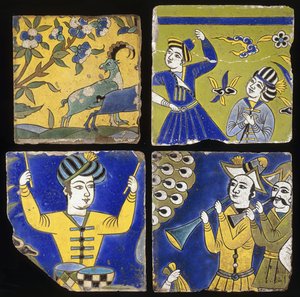 Fyra Safavid cuerda seca brickor, föreställande två stenbockar, och figurer av musiker och dansare, ca. 1600 av Unbekannt
