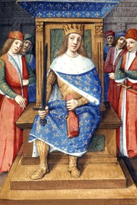 Den franske kungen Ludvig IX (Saint Louis, 214-1270, kung från 1226 till 1270) på sin tron, fransk illumination av Unbekannter Künstler