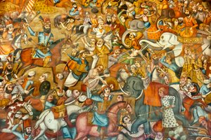 Fresk; slåss; slaget vid Nadir Shah i slaget vid Karnal; 1739; på en häst; mot Sultan Mohammed Shah Gurkani på en vit elefant; Chehel Sotoun; Forty Pillars Palace; Isfahan; Iran; Asien av Unbekannt