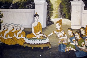 Fresk som visar en scen av Buddhas liv i Wat Phra Doi Suthep, Chiang Mai. Buddha tar emot allmosor. Thailand av Unbekannt