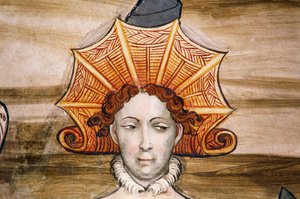 Fresker av Baronial Hall (1400-talet), detalj, Della Manta slott, Manta (Cuneo), Piemonte, detalj, Italien av Benjamin Baud