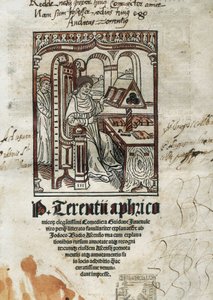 Frontispice av komedier av den komiska poeten Terence (Publius Terentius Aferer) (190-145 f.Kr.). Författaren är representerad. av Unbekannt