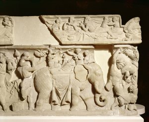 GR.1-1835 Triumphal Return of Dionysos, detalj som visar en elefant, sarkofagrelief, grekiskt, 2:a århundradet (marmor) av Unbekannt