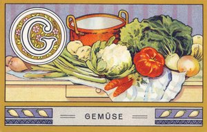 G: Grönsak - Alfabetet Palmine. Serie av kromolitografier redigerade av H. Schlinck & Cie, Hamburg, sid. d. . Annons för Palmins finaste kokosfett. Mått: 7 x 11 cm av William M. Timlin