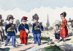 Gendarmer. Gravyr i "Barns militäralfabet"". Bildspråk av Pont-a-Mousson, cirka 1890. 20 sidor. Sol: 28,5x21cm av Unbekannt
