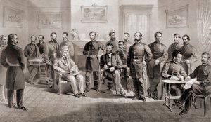 General Ulysses S. Grant (sittande mitten till höger) och general Robert E. Lee (sittande mitten till vänster) med sin respektive personal vid Appomattox Courthouse, Virginia där general Lee överlämnade Army of North Virginia och därmed avslutade det ameri av Unbekannt