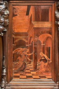 Genua, Duomo (St. Lawrence-katedralen), inuti, presbyterium, absid, kör, södra sidan: "Annunciation", trä intarsia av Gian Michele De