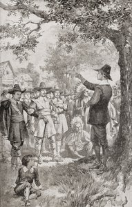 George Fox predikar för en folkmassa i Maryland, Amerika, 1671 under ett fyra dagar långt möte med lokala kväkare. George Fox av Unbekannter Künstler
