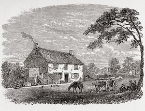 George Stephensons födelseplats. George Stephensons hem i en stenstuga från 1700-talet, Wylam, Northumberland, England, som här ses på 1800-talet. Från Great Engineers, publicerad ca 1890 (svartvit gravyr) av Unbekannter Künstler