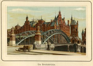 Tyskland, Hamburg, "Brooksbruecke" (Brooks bro) och i bakgrunden hamnmagasinen, kallad "Speicherstadt", ca 1890 (litografi) av Unbekannter Künstler