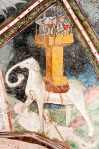 Gotisk fresk; Eleazar Awaran dödar krigselefanten Soliman och krossas den; 3. Kloster; Katedral; Brixen; Sydtyrolen; Italien; Europa av Unbekannt