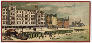Grand Hotels: exteriör vy av Hotel de la Plage i Oostende, Belgien - Karta över en serie som presenterar hotellen i "Compagnie Internationale des Grands Hotels", sent 1800-tidigt 1900-tal av William M. Timlin