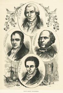 Stora ingenjörer och uppfinnare: James Watt, John Ericsson, Robert Fulton, Richard Trevithick, , c.1880 (s/v foto) av Unbekannt
