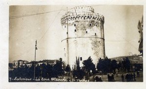 Grekland, Saloniki (eller Thessaloniki): utsikt över Vita tornet - Vykort 1914-1918 av William M. Timlin