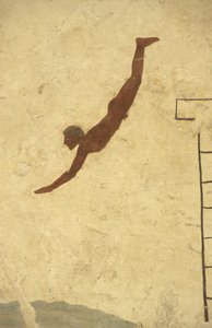 Grekisk konst: Fresk av dykarens grav, Paestum, regionen Campagnie, Italien. Tomba del Tuffatore, väggmålning, Paestum arkeologiska park, Kampanien, Italien