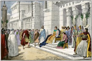Grekisk och romersk mytologi: Didon (eller Elisha eller Elissa), legendarisk grundare och första drottning av Kartago (Tunisien), får Enee, hjältarna från det trojanska kriget och grundare av Lavinium, ursprungligen från Rom (Italien) - Kolorisgravyr 1800- av Unbekannter Künstler