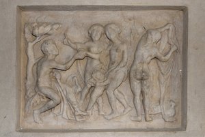 Grekisk mytologi: Parisdomen. Herden Paris måste välja den vackraste av de tre gudinnorna från Afrodite (Venus), tillsammans med Amor, Hera (Junon) och Athena (Minerva). Han väljer Afrodite som han erbjuder ett gyllene äpple. Lättnad av Unbekannt