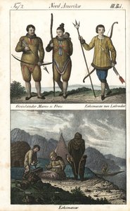 Grönlandsbor med skinn och en inuit från Labrador (Kanada) med en treudd. Nedan visas en vardagsscen med en inuitfamilj framför en igloo, ett tält och en kanot, Nordamerika. Litografi för boken: "Galerie complete en tableaux fideles des av Unbekannter Künstler