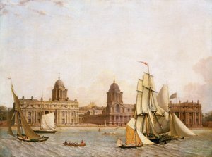 Greenwich Hospital (England), från Isle of Dogs (norra stranden av Themsen), med navigering av olika båtar på floden. Olja på duk, ca 1830-1840 av Unbekannter Künstler