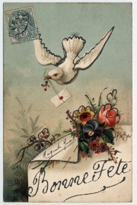 Gratulationskort: en fågel kommer med ett förseglat brev - Vykort daterat 1906 av Unbekannt
