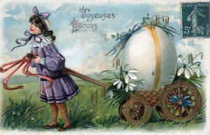 Gratulationskort till påsk: en liten flicka fångar ett gigantiskt ägg i en vagn - Vykort sent 1800- och 1900-tal av William M. Timlin