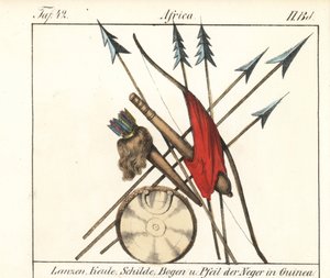 Guinee Conakry vapen, spjut, klubbor, pilbåge och pilar i sin koger, sköld. Litografi för boken: "Galerie complete en tableaux fideles des peuples d