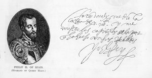 Handskrift och signatur av Filip II, kung av Spanien (penna och bläck på papper) av Unbekannt