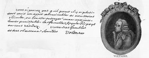 Voltaires handstil och underskrift, från ett brev skrivet i Colmar till den franske ministern vid Fredrik den Stores hov i Berlin, Chevalier de la Touche, 3 mars av Unbekannt